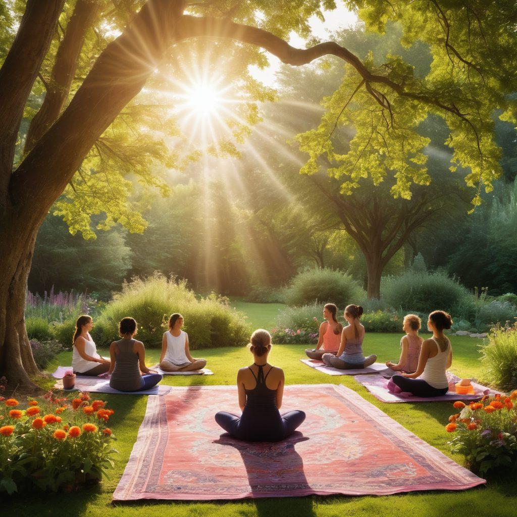 A serene landscape featuring a vibrant garden filled with diverse flowers symbolizing health and vitality. In the foreground, a group of diverse individuals engaging in yoga and meditation, representing a supportive community. Soft sunlight filters through the trees, creating a warm and uplifting atmosphere. Elements of healthy food like fruits and vegetables arranged on a picnic blanket nearby, conveying the importance of nutrition. An uplifting quote about survivorship subtly integrated into the scene. super-realistic. vibrant colors. peaceful ambiance.