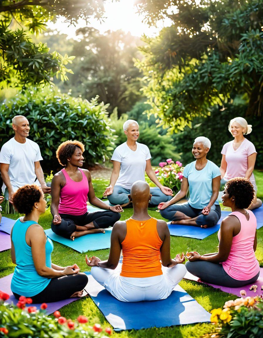 A serene and uplifting scene depicting a diverse group of cancer survivors engaging in a supportive outdoor group therapy session, surrounded by colorful flowers and lush greenery. Include elements symbolizing holistic health, like yoga mats, healthy food, and community interaction, while showcasing smiles and connections among participants. The background should have a warm sunrise, symbolizing hope and new beginnings. super-realistic. vibrant colors. natural setting.